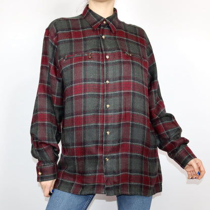 Vintage 80s 90s wool shirt flannel shirt checked dark green red L