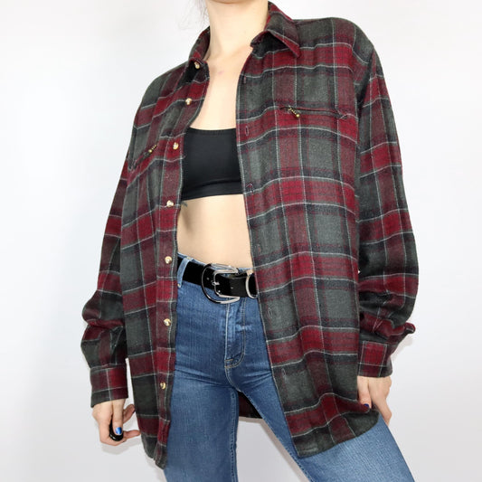 Vintage 80er 90er Wollhemd Flanellhemd kariert dunkelgrün rot L