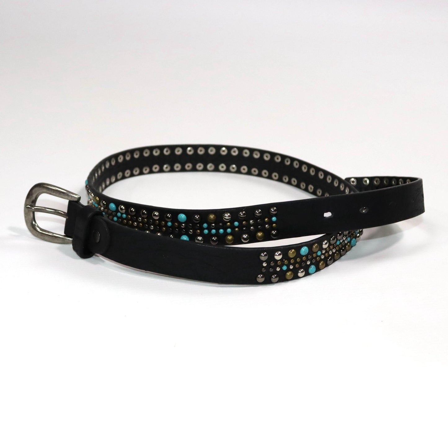 Vintage 80s 90s belt black narrow rivets stones silver blue Made in Italy 90 cm