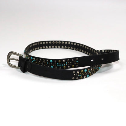 Vintage 80s 90s belt black narrow rivets stones silver blue Made in Italy 90 cm