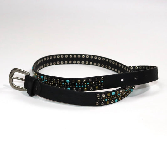 Vintage 80s 90s belt black narrow rivets stones silver blue Made in Italy 90 cm