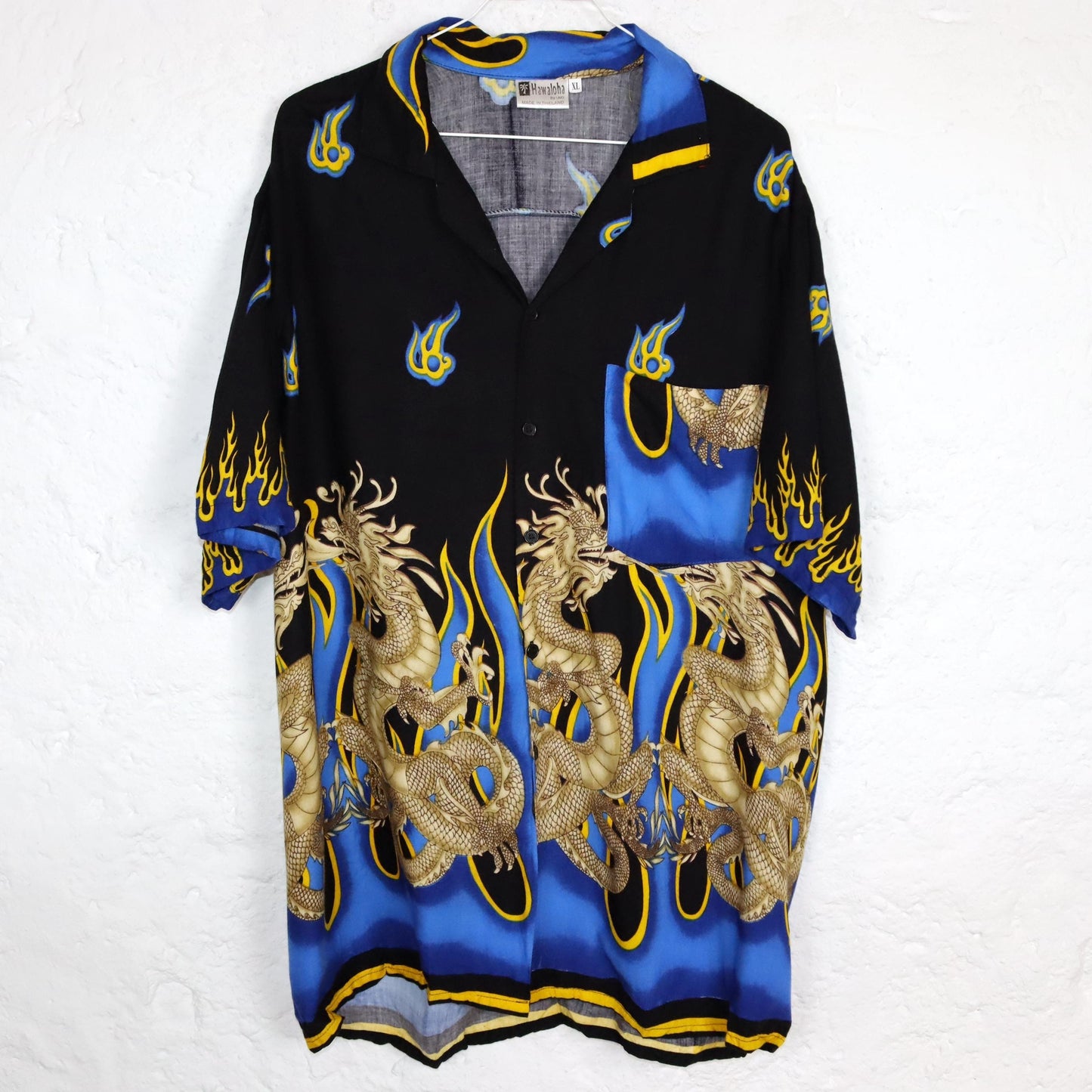 Vintage 80s 90s HAWALOHA shirt short sleeve crazy pattern yellow blue black rayon XL