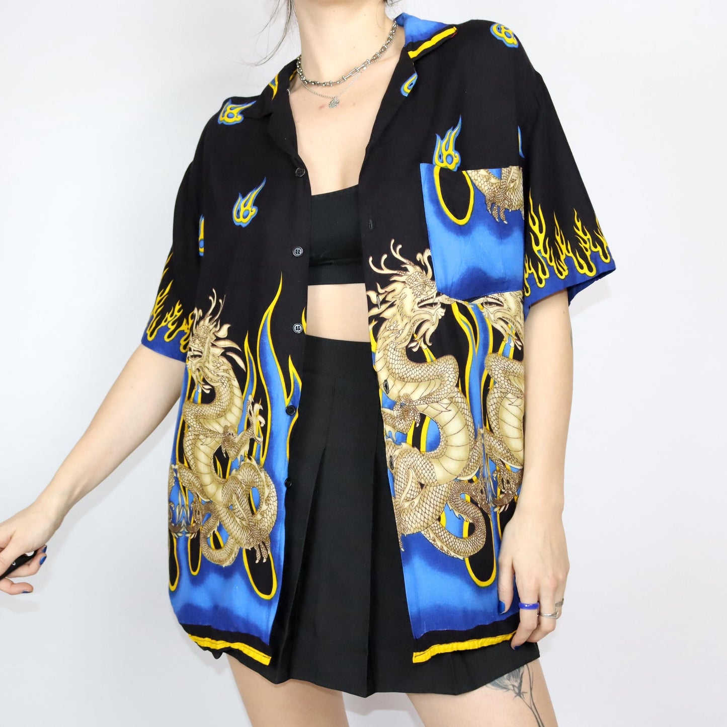 Vintage 80s 90s HAWALOHA shirt short sleeve crazy pattern yellow blue black rayon XL