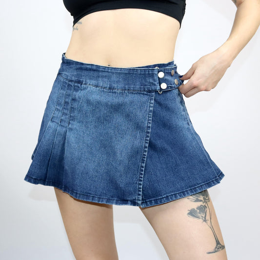 Vintage 80s 90s Y2k BLUE COLLECTION skirt pleated skirt denim skirt mini skirt wrap skirt blue S