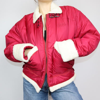 Vintage 80s 90s Y2k CLIPSOLO puffer jacket lined jacket faux fur red white M/L