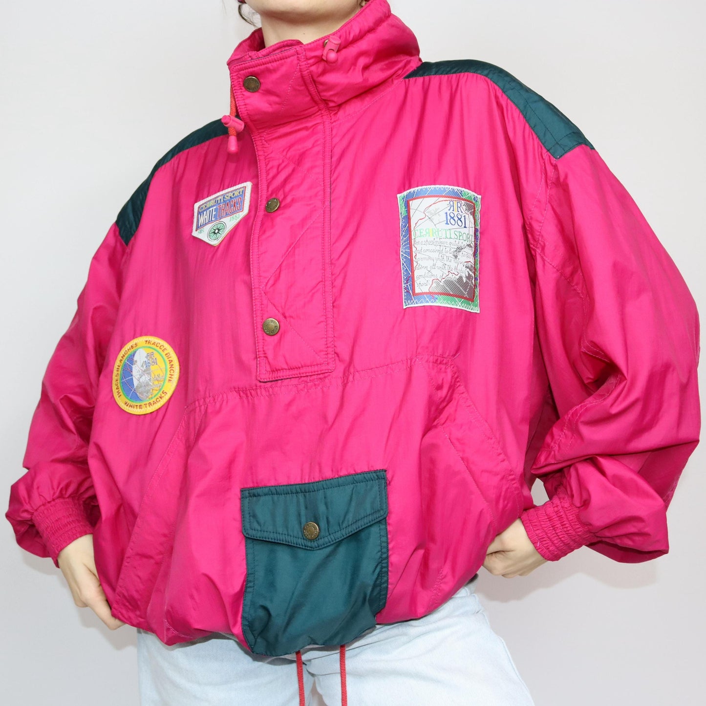 Vintage 80s 90s CERUTTI SPORT windbreaker jacket thin stand-up collar pink patches half zip 50 L