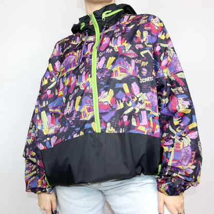 Vintage 80s 90s JEANTEX rain jacket windbreaker black crazy pattern colorful XL