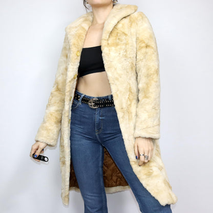 Vintage 80s 90s AVANT coat faux fur beige jacket XS/S