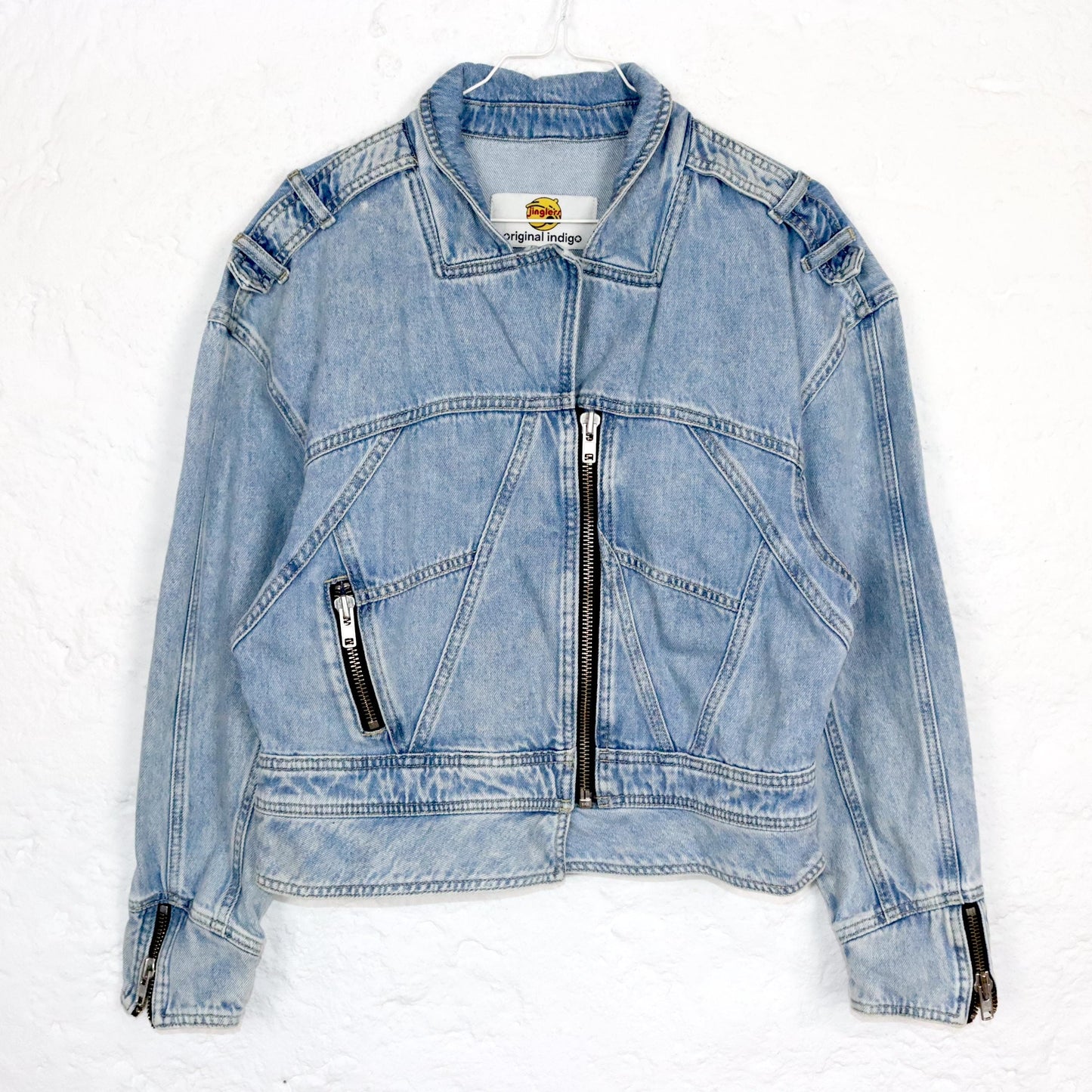 Vintage 80s 90s JINGLERS denim jacket light blue fitted zipper S