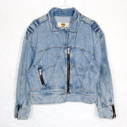 Vintage 80s 90s JINGLERS denim jacket light blue fitted zipper S