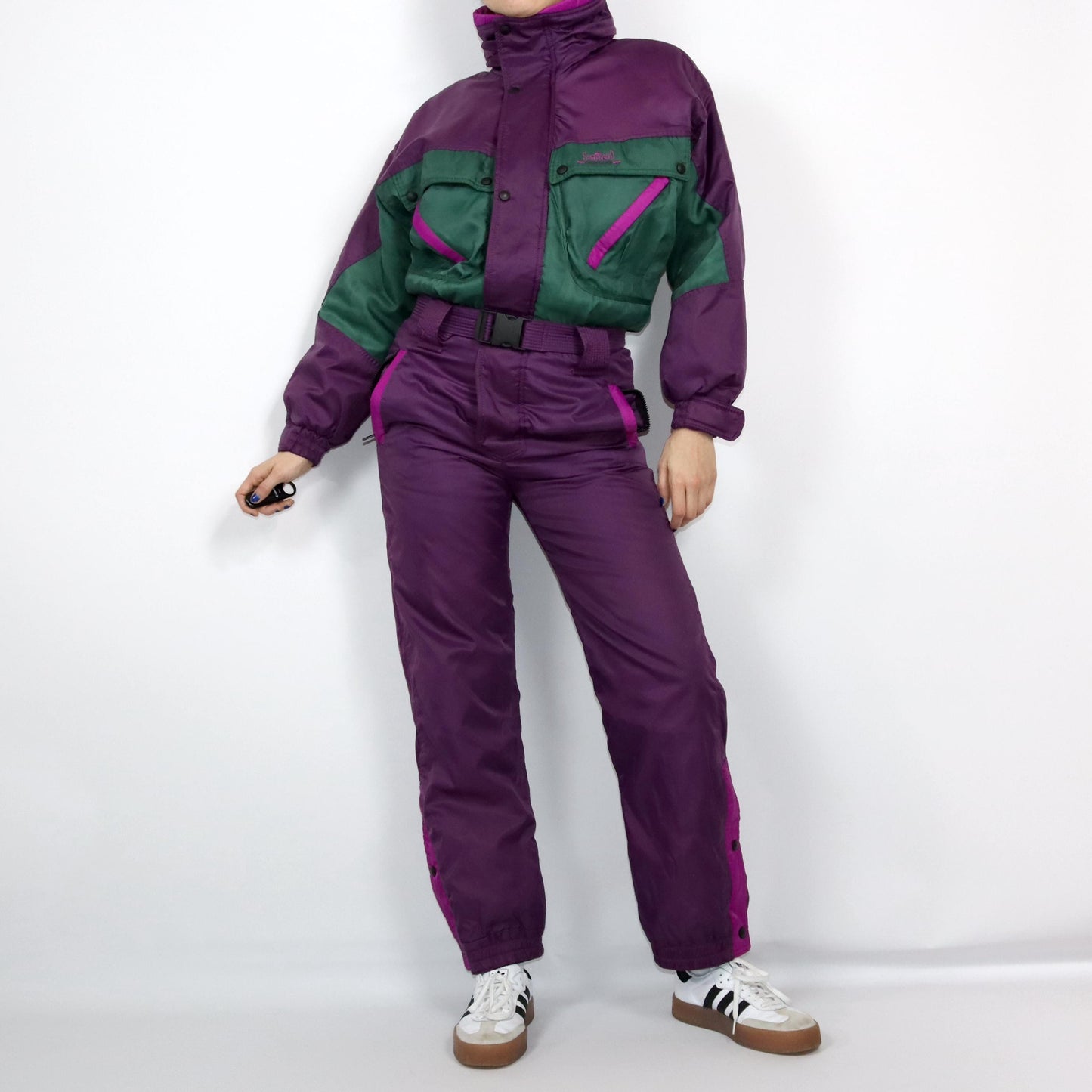 Vintage 80s 90s SNOWANDFREEDOM ski suit snowsuit one-piece dark green purple M