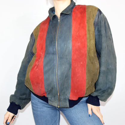 Vintage 80s 90s leather jacket suede collar beige red black M/L