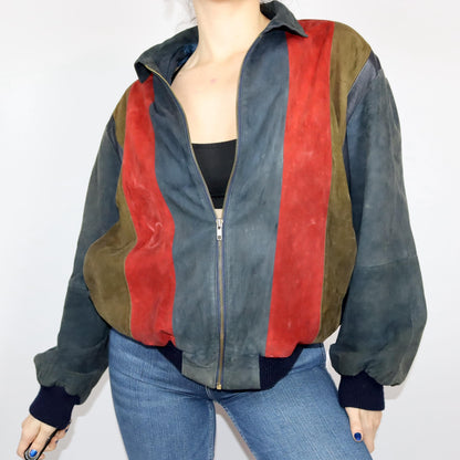 Vintage 80s 90s leather jacket suede collar beige red black M/L