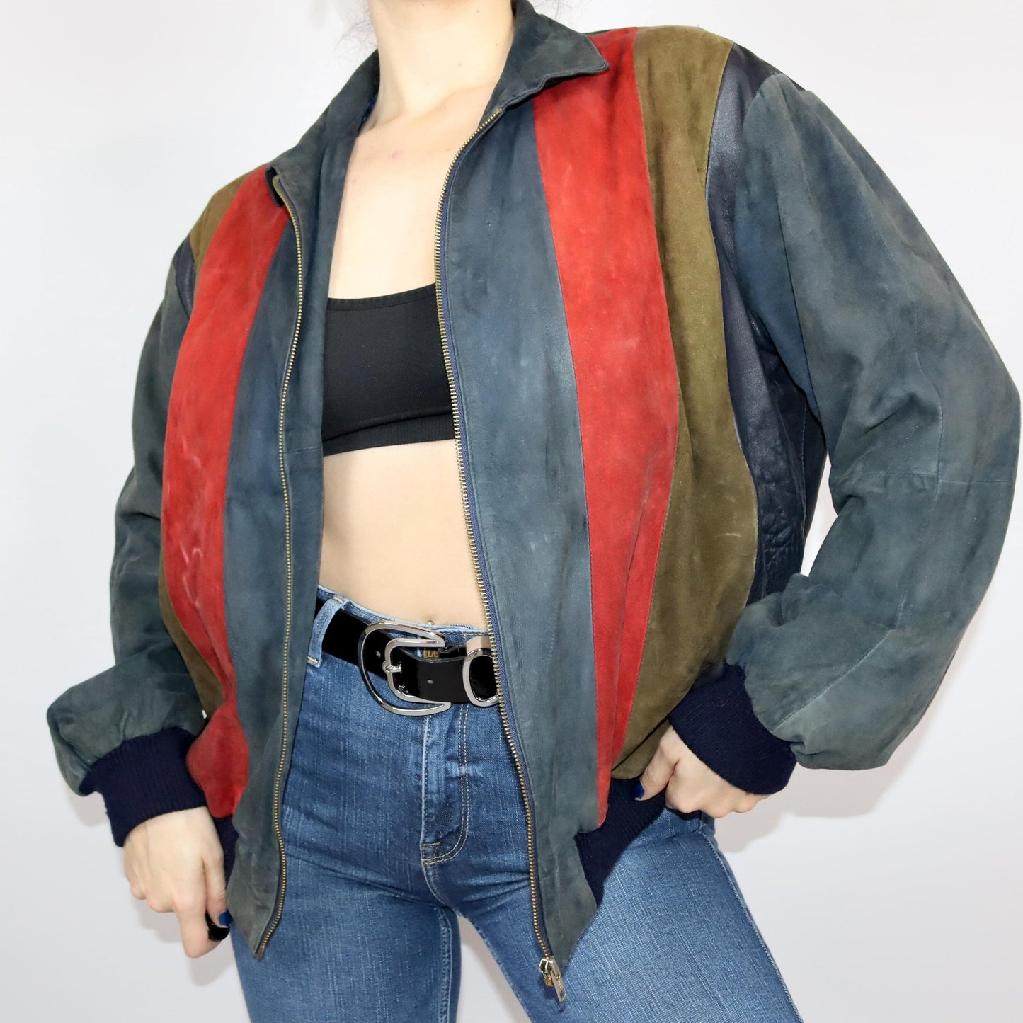 Vintage 80s 90s leather jacket suede collar beige red black M/L