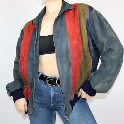 Vintage 80s 90s leather jacket suede collar beige red black M/L