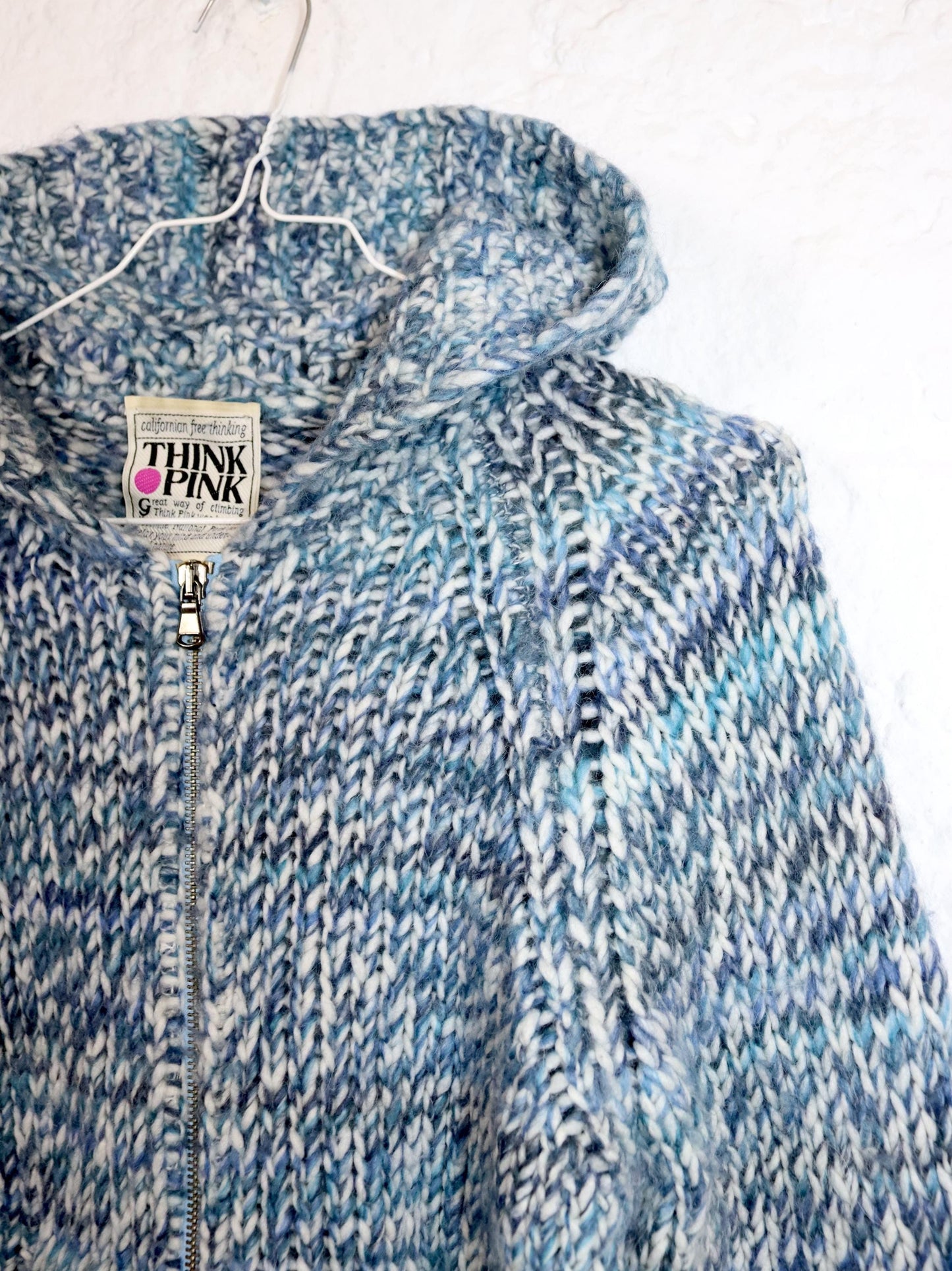 Vintage 80s 90s THINK PINK cardigan wool alpaca wool jacket hood blue white 38