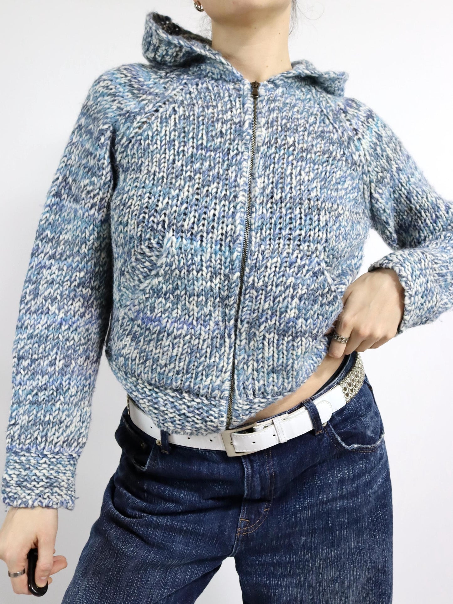 Vintage 80s 90s THINK PINK cardigan wool alpaca wool jacket hood blue white 38