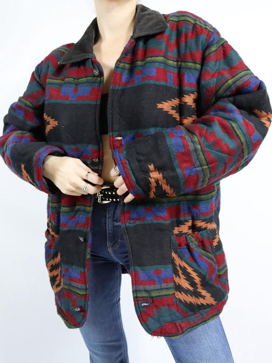 Vintage 80s 90s BUSTER coat jacket Navajo corduroy patterned lightly lined M