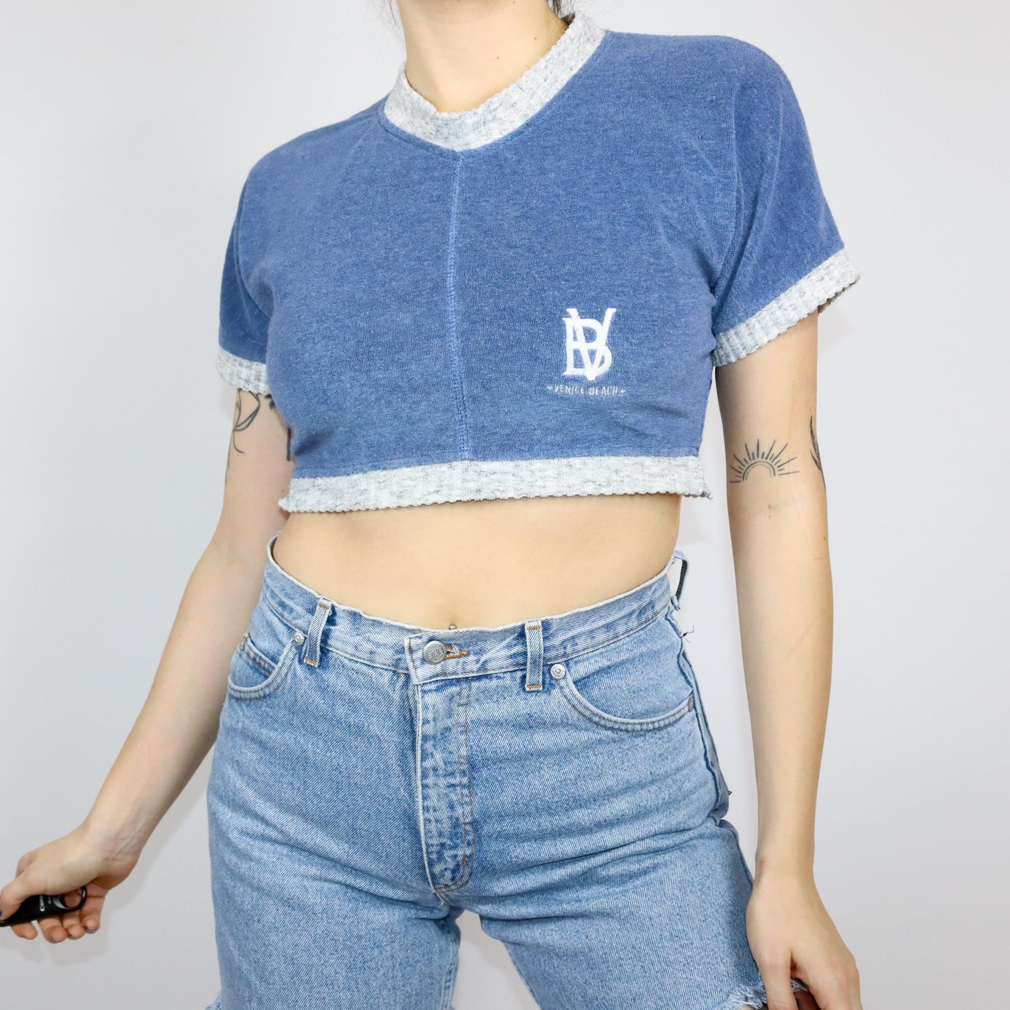 Vintage 80er 90er VENICE BEACH Crop Shirt kurzarm Frottee blau grau M