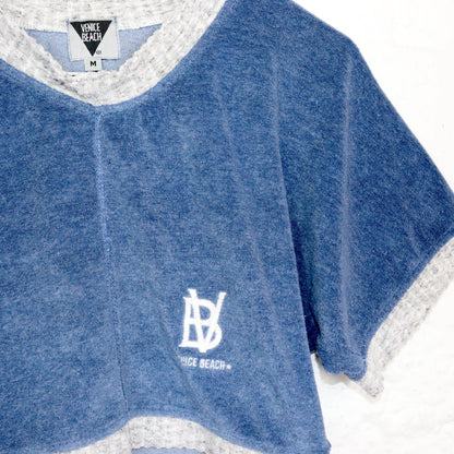 Vintage 80er 90er VENICE BEACH Crop Shirt kurzarm Frottee blau grau M