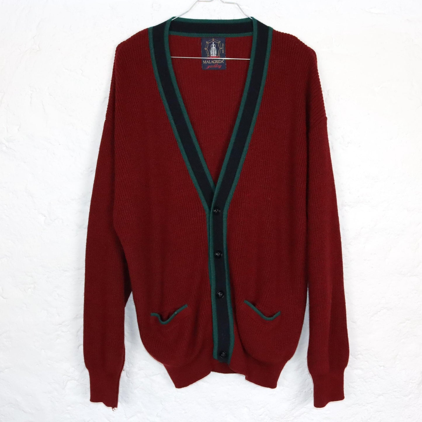 Vintage 80s 90s MALAGRIDA Cardigan Button Front Green Red Wool L