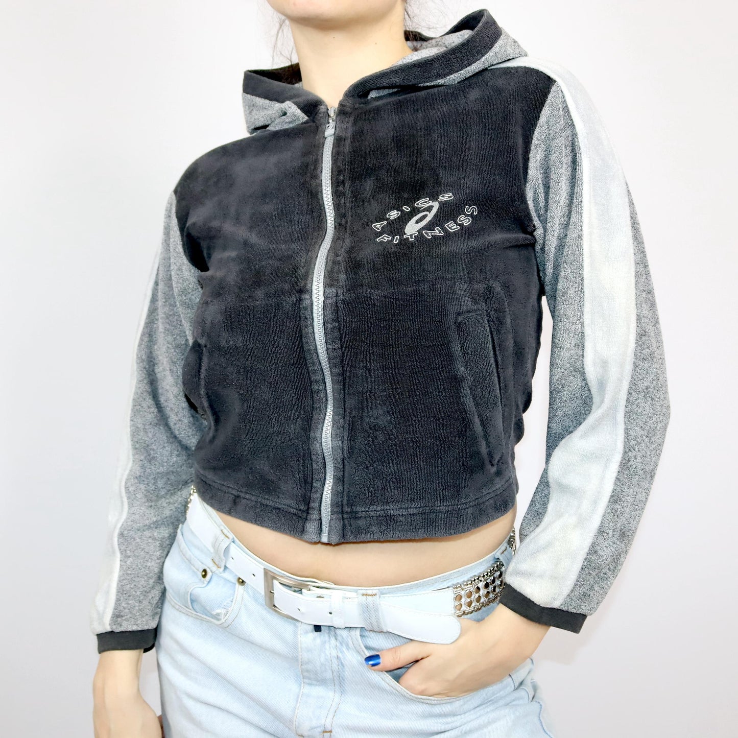 Vintage 80s 90s ASICS tracksuit jacket crop terry cloth jacket grey S