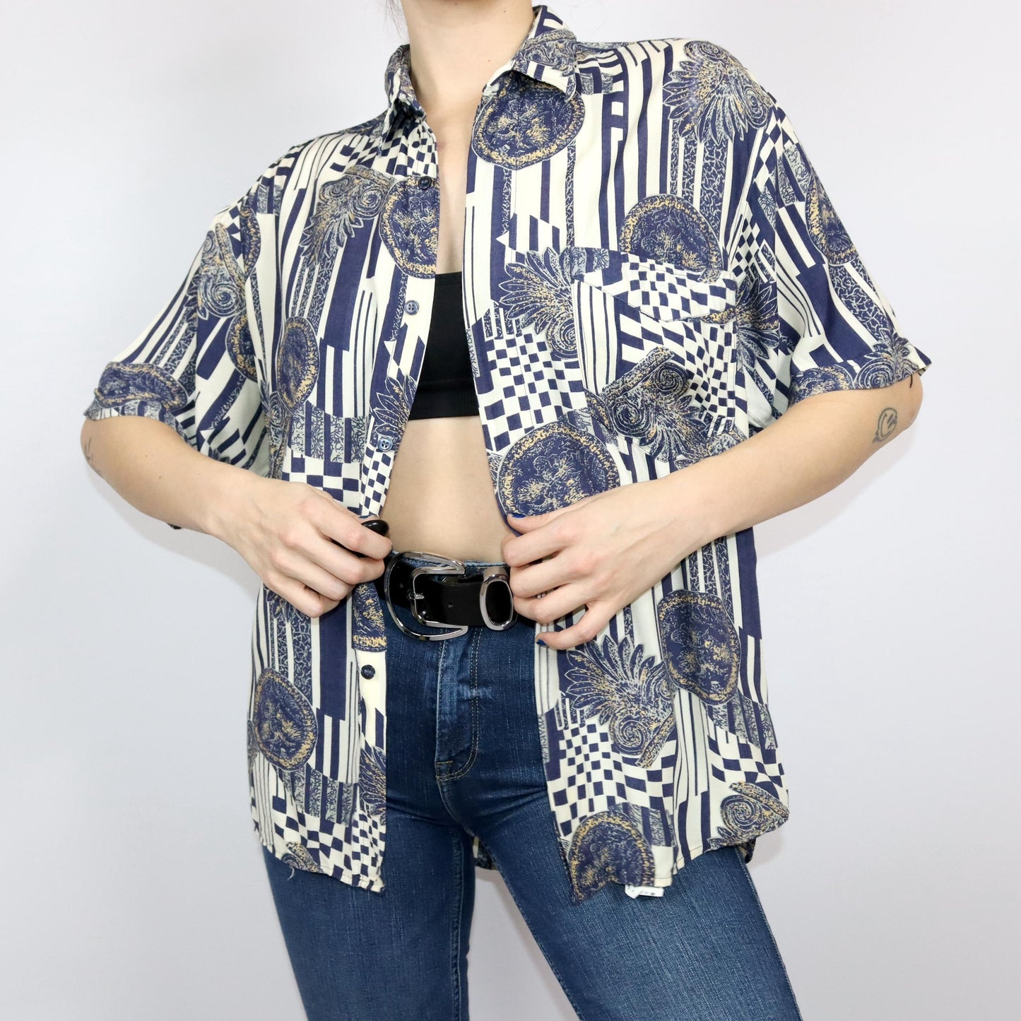 Vintage 80er 90er AZZURRA CASUAL Hemd kurzarm crazy pattern L