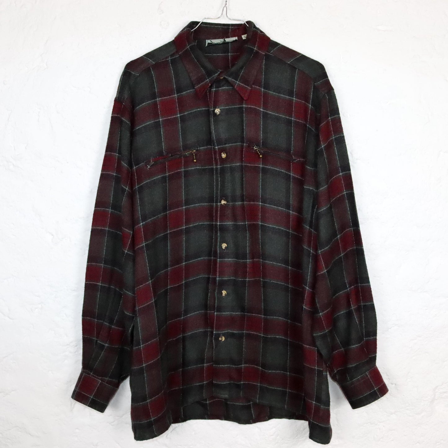 Vintage 80s 90s wool shirt flannel shirt checked dark green red L