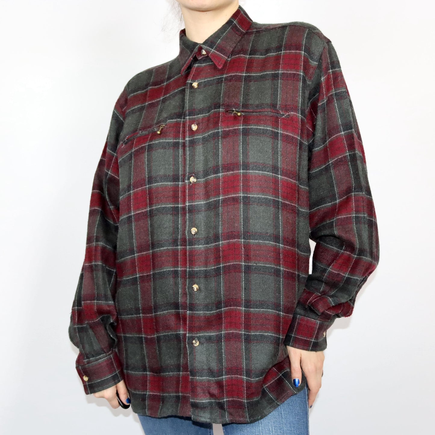 Vintage 80s 90s wool shirt flannel shirt checked dark green red L