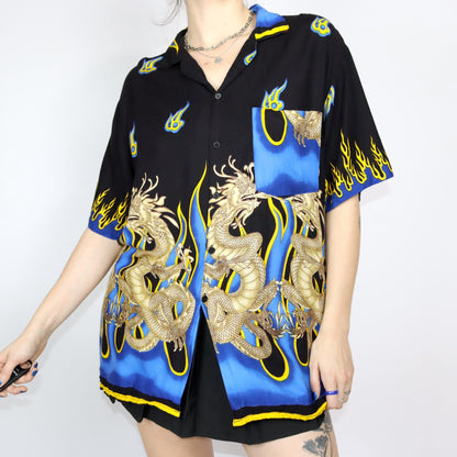 Vintage 80s 90s HAWALOHA shirt short sleeve crazy pattern yellow blue black rayon XL