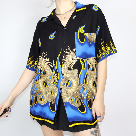 Vintage 80s 90s HAWALOHA shirt short sleeve crazy pattern yellow blue black rayon XL