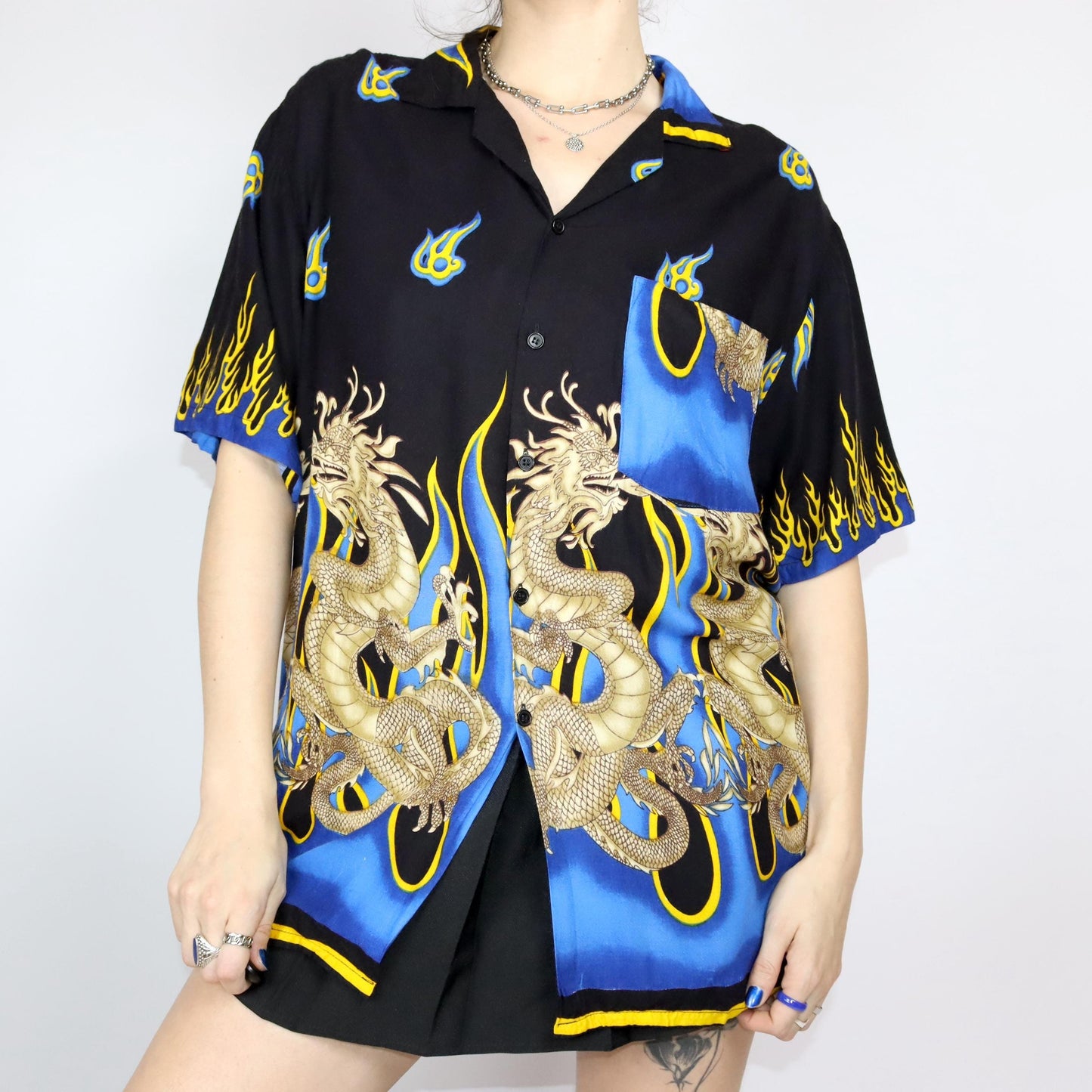 Vintage 80s 90s HAWALOHA shirt short sleeve crazy pattern yellow blue black rayon XL