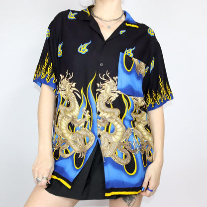 Vintage 80s 90s HAWALOHA shirt short sleeve crazy pattern yellow blue black rayon XL