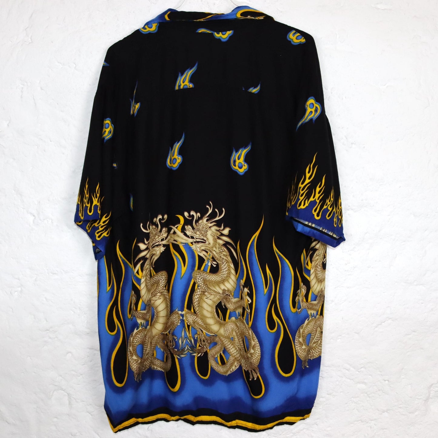Vintage 80s 90s HAWALOHA shirt short sleeve crazy pattern yellow blue black rayon XL