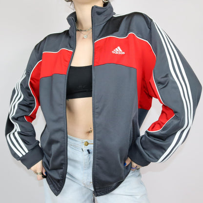 Vintage 80s 90s Y2k ADIDAS tracksuit jacket grey red white stand-up collar D6 M