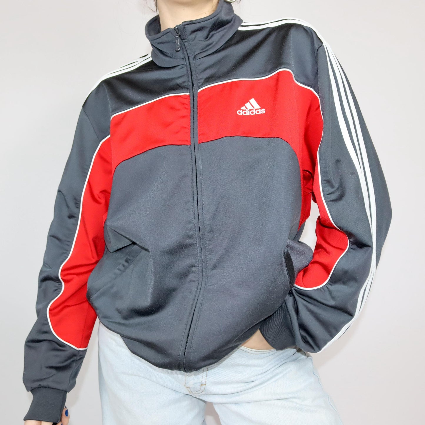 Vintage 80s 90s Y2k ADIDAS tracksuit jacket grey red white stand-up collar D6 M