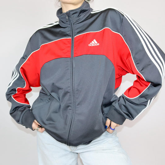 Vintage 80s 90s Y2k ADIDAS tracksuit jacket grey red white stand-up collar D6 M