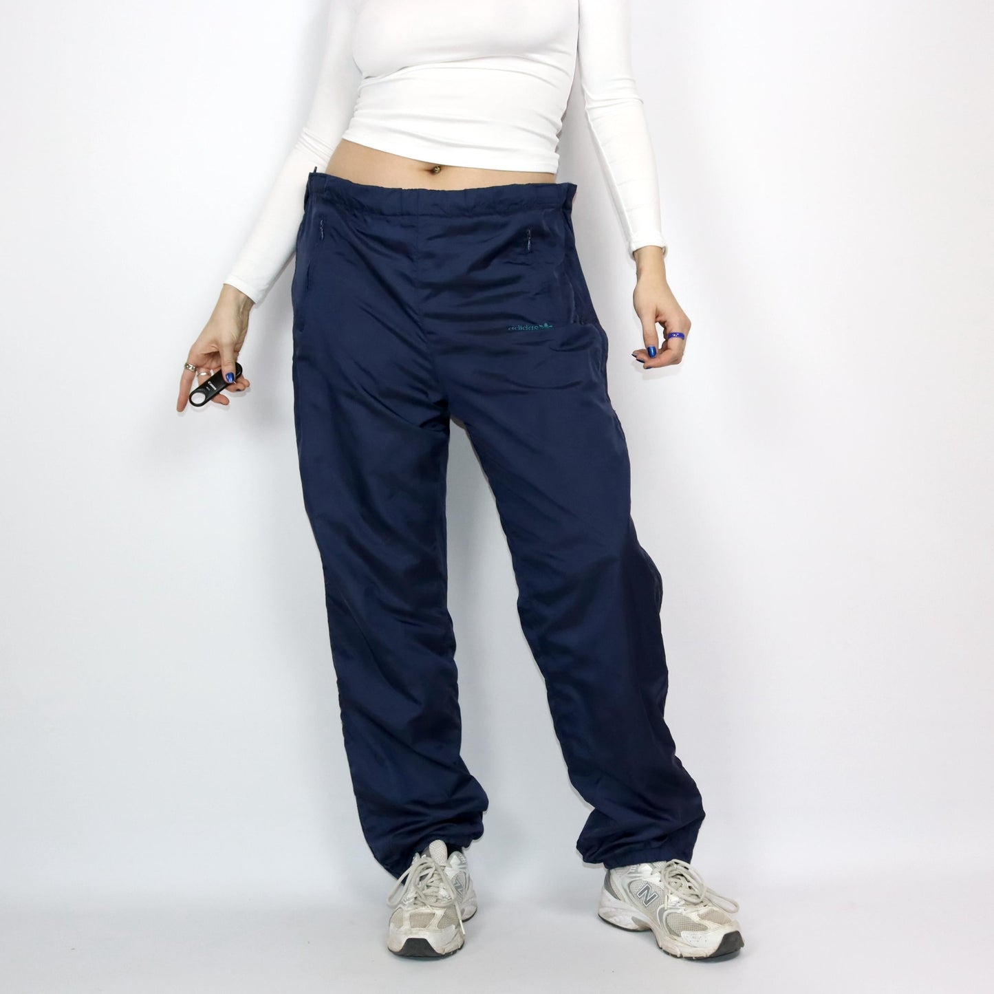 Vintage 80s 90s ADIDAS jogging pants tracksuit pants zippers dark blue shiny L