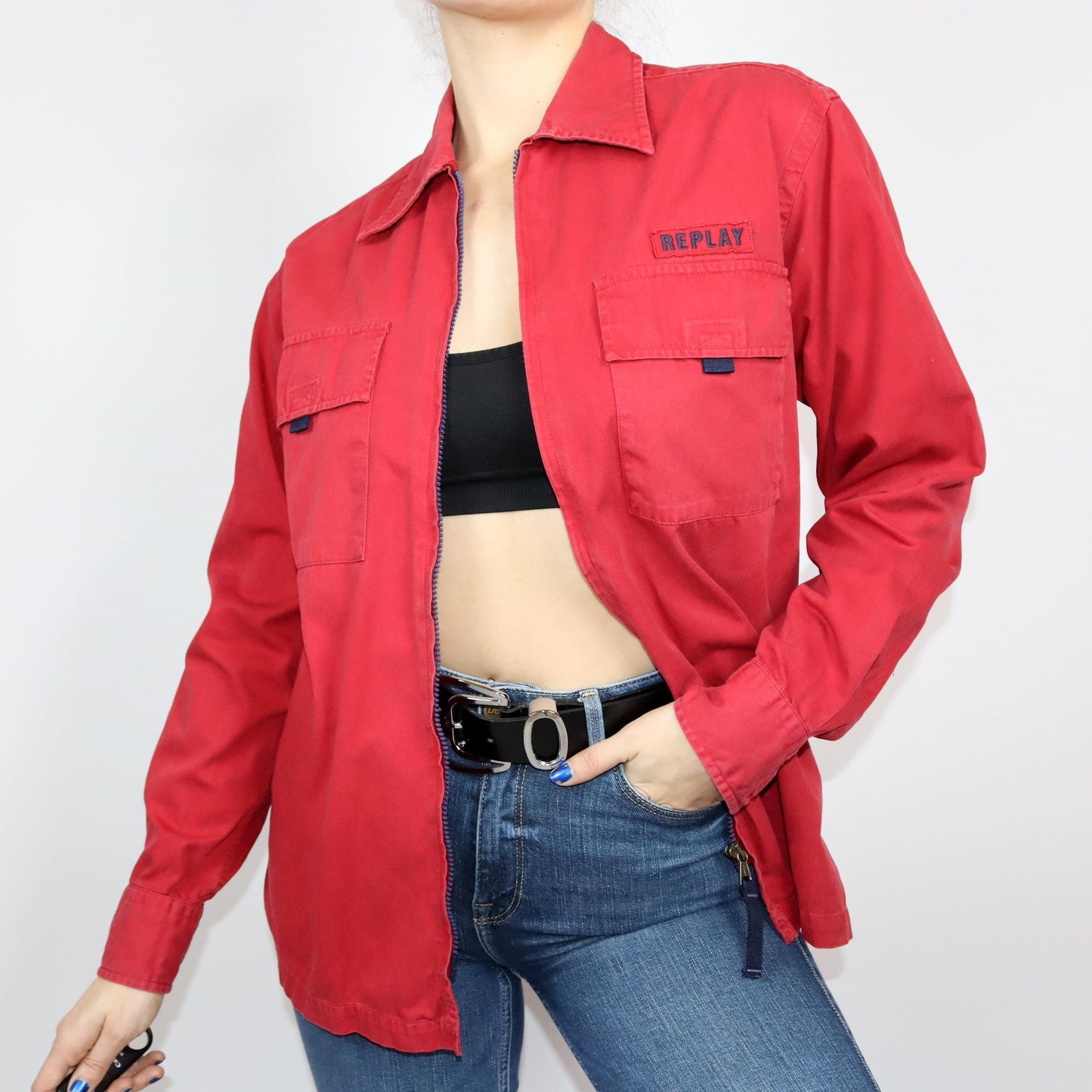 Vintage 80s 90s REPLAY shirt long sleeve red zipper M