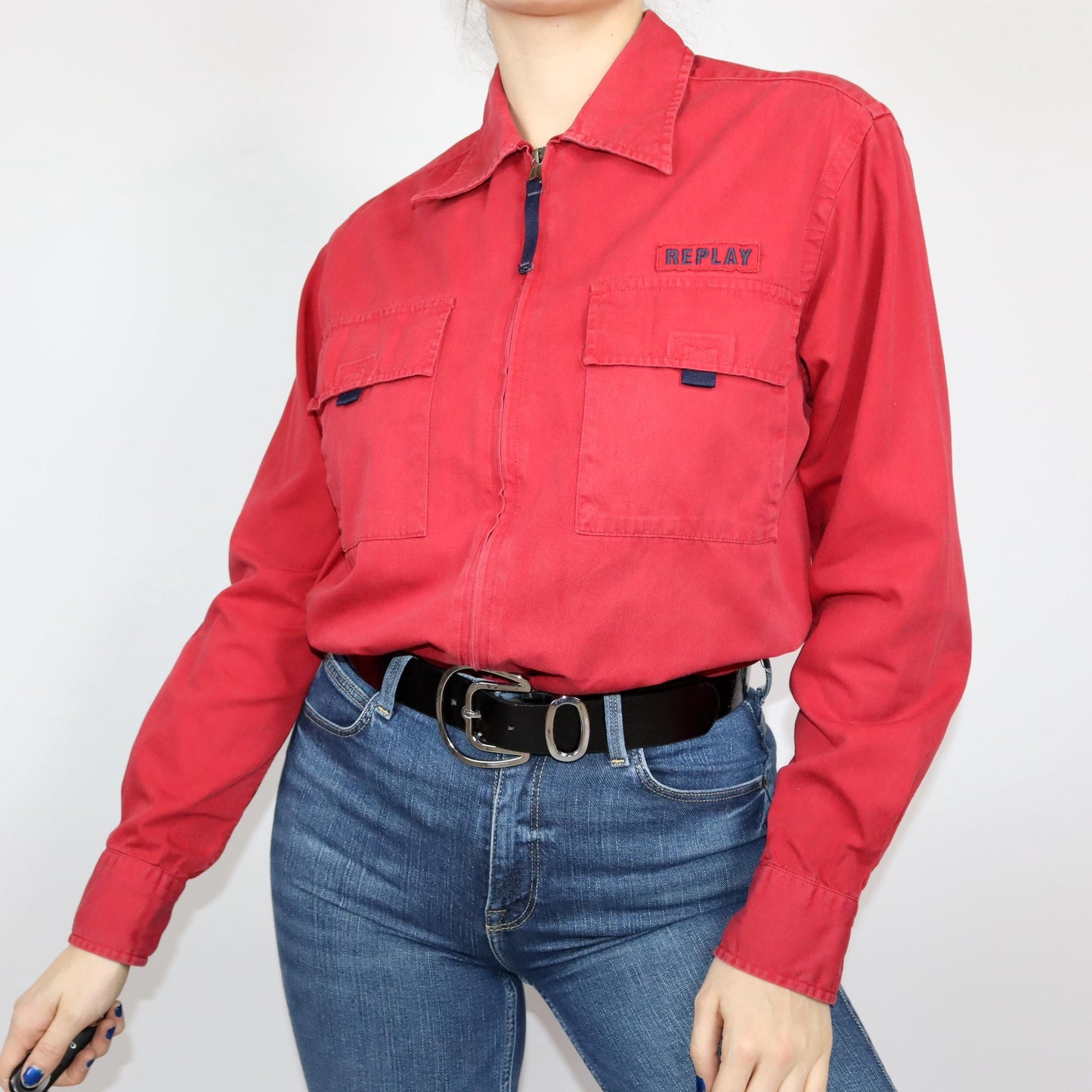Vintage 80s 90s REPLAY shirt long sleeve red zipper M