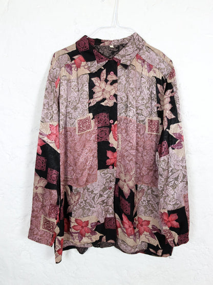 Vintage 80s 90s blouse long sleeve crazy pattern shiny 40