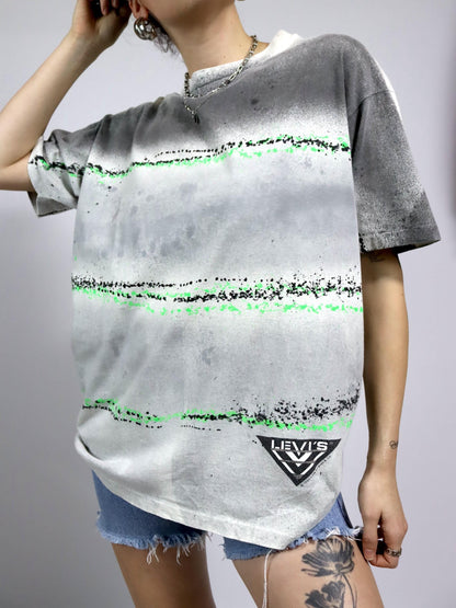 Vintage 80s 90s LEVIS T-Shirt 1990 short sleeve crazy pattern green white grey Single stitched S
