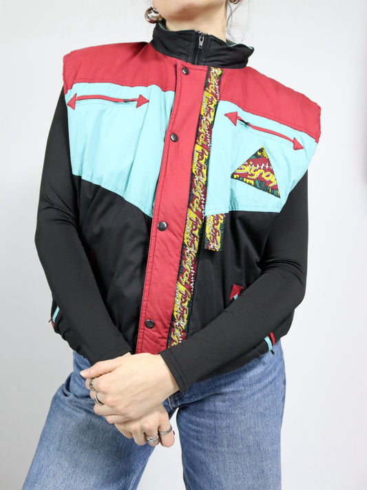 Vintage 80s 90s LETS GO vest lined black red patterned 185 S/M