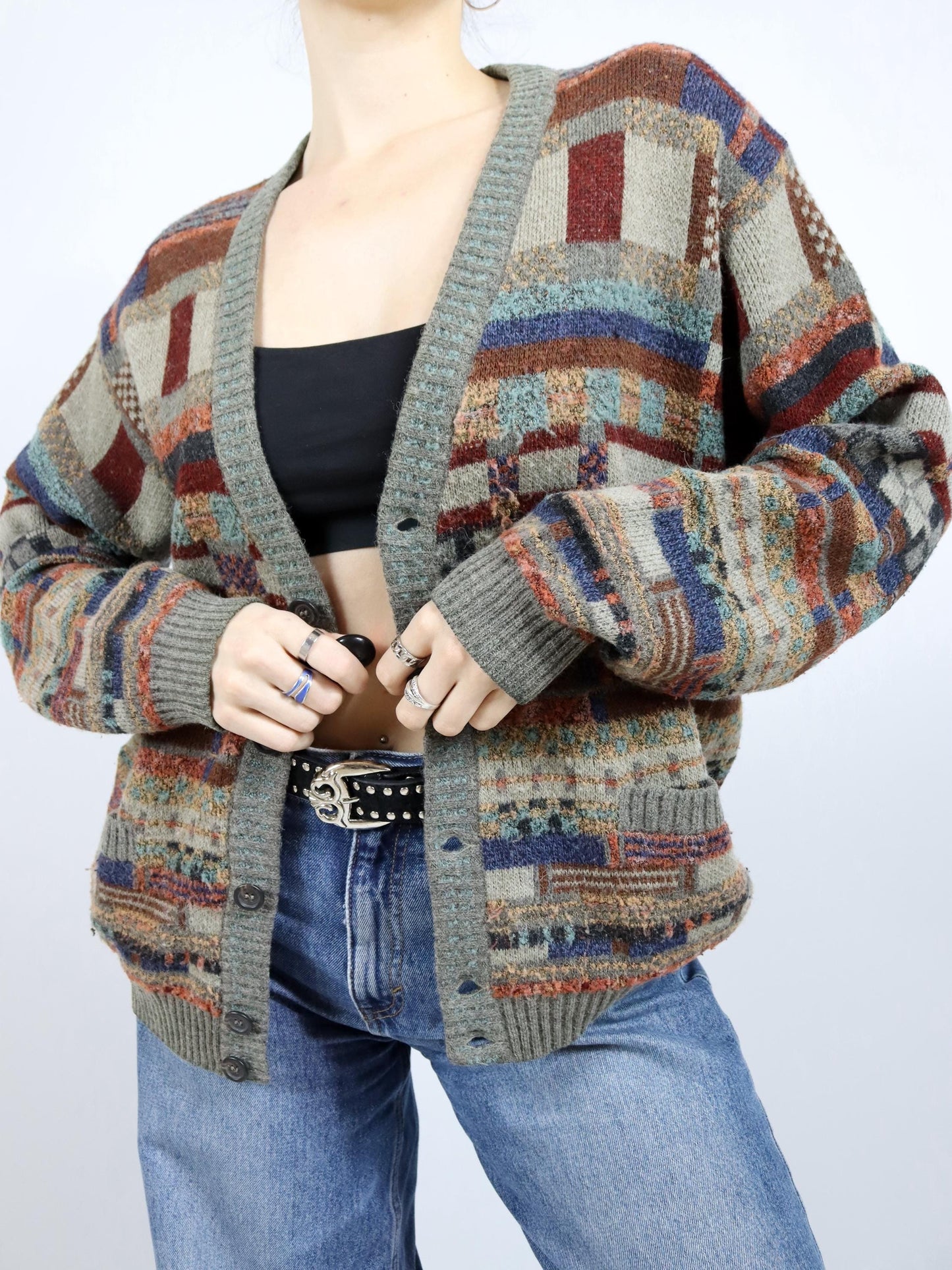 Vintage 80er 90er IL GRANCHIO Cardigan Strickjacke gemustert Mohair Wolle Alpaca XL