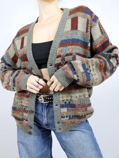 Vintage 80er 90er IL GRANCHIO Cardigan Strickjacke gemustert Mohair Wolle Alpaca XL