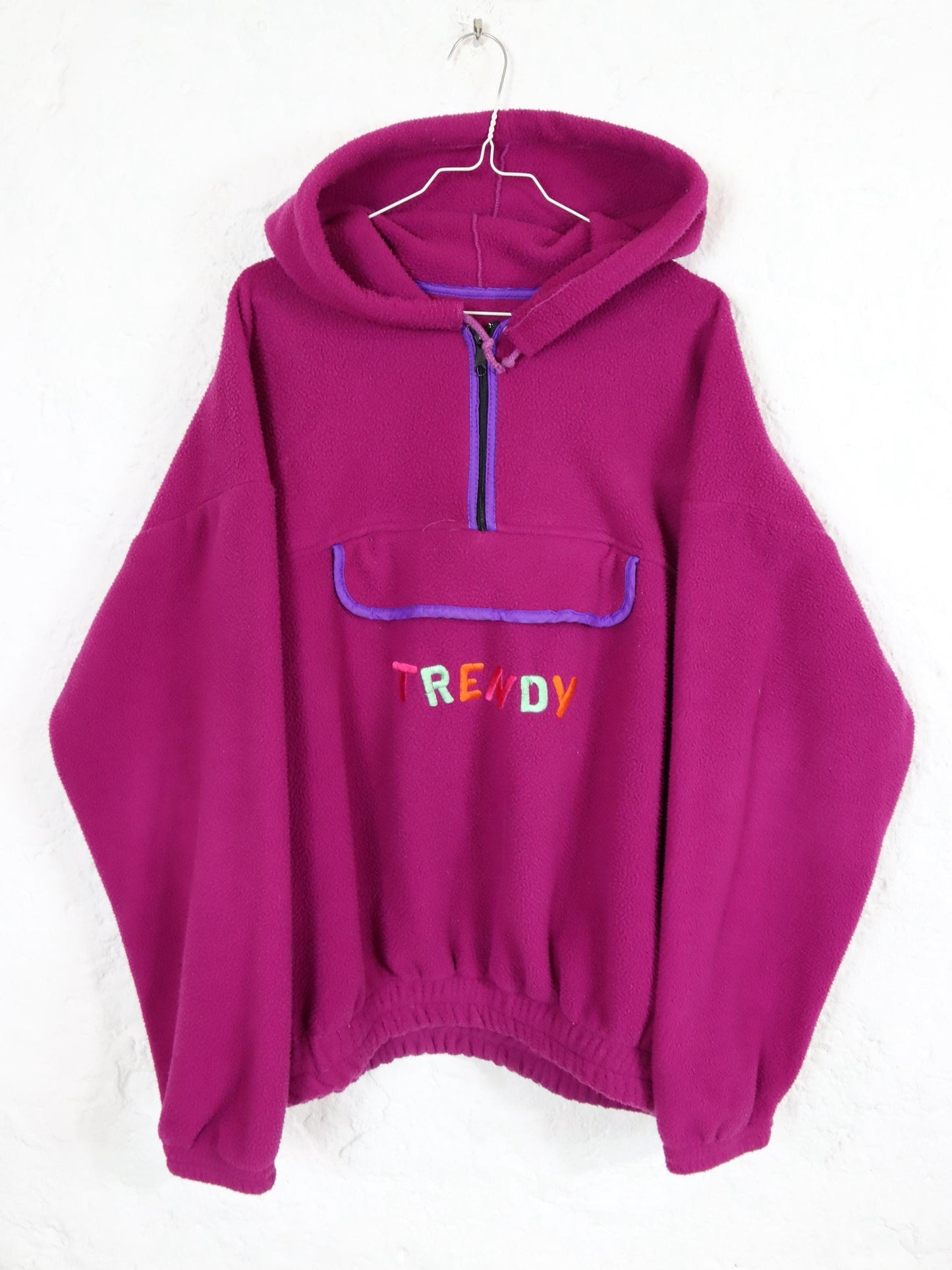 Vintage 80er 90er TRENDY Fleecepullover Hoodie pink Stickerei XL