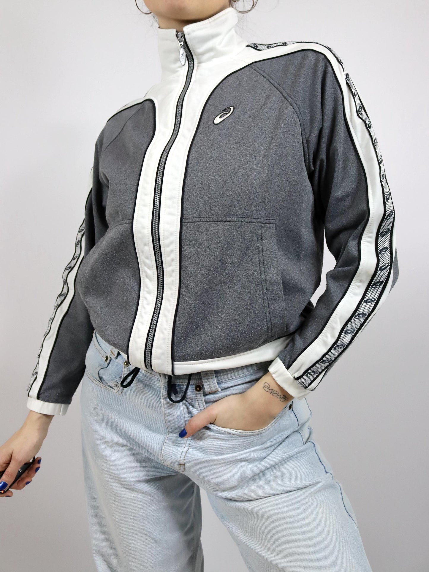 Vintage 80s 90s ASICS tracksuit jacket stand-up collar grey white XS