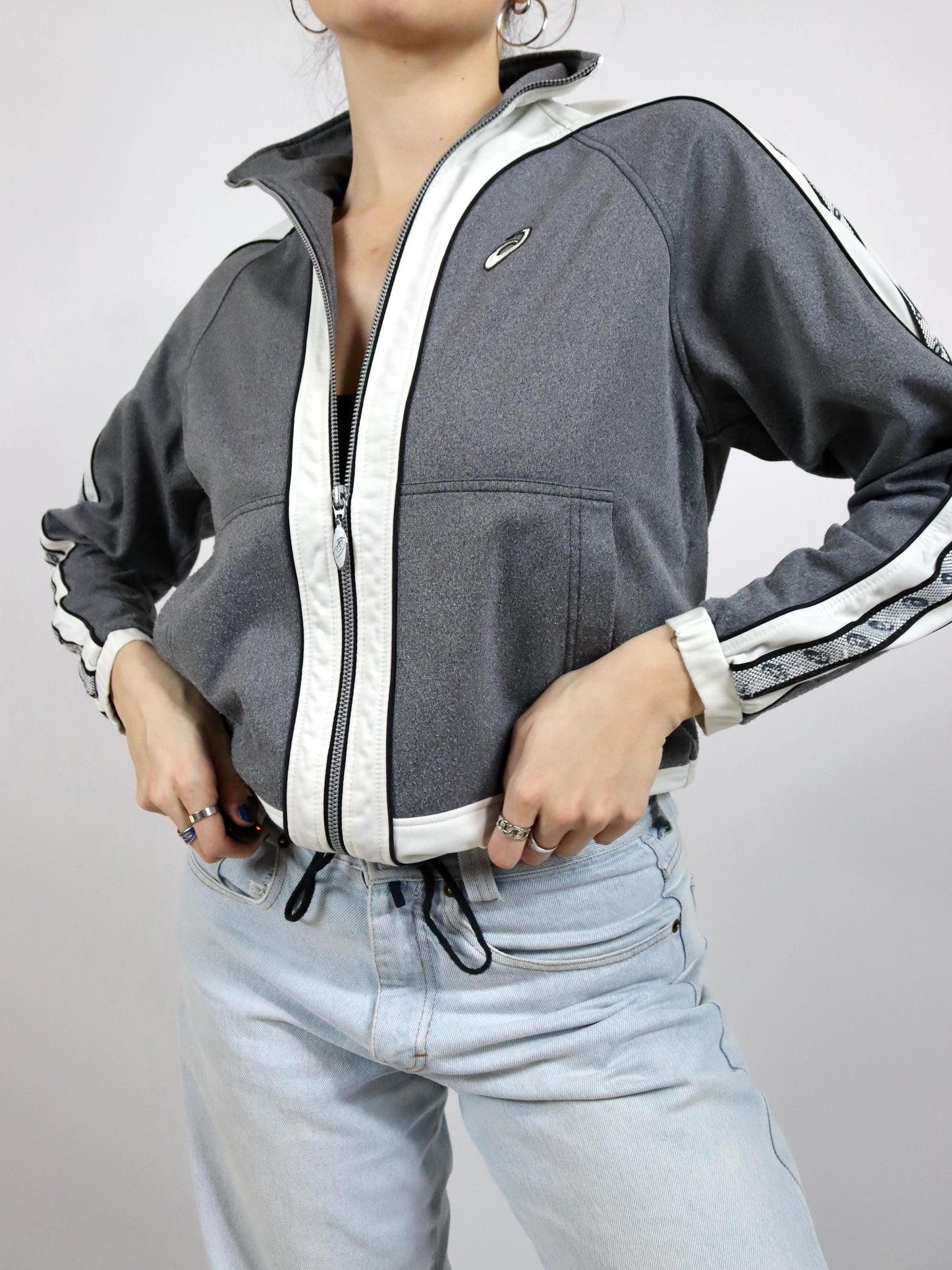 Vintage 80s 90s ASICS tracksuit jacket stand-up collar grey white XS