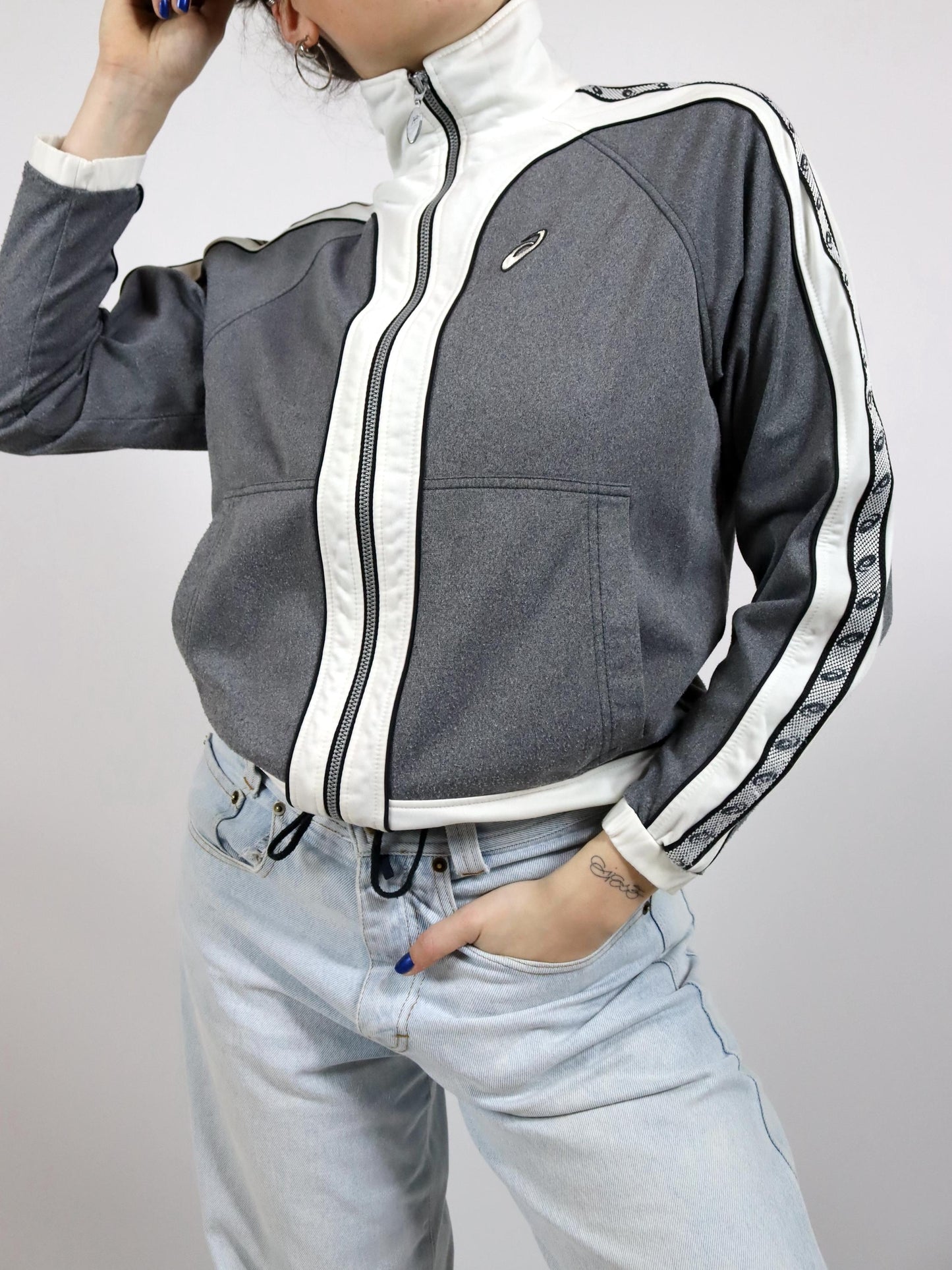 Vintage 80s 90s ASICS tracksuit jacket stand-up collar grey white XS