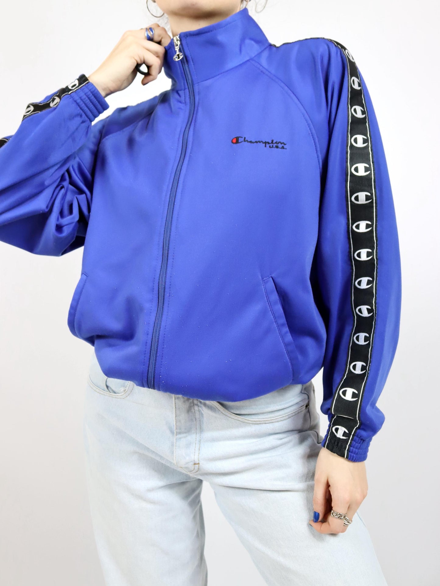 Vintage 80s 90s CHAMPION tracksuit jacket stand-up collar blue S